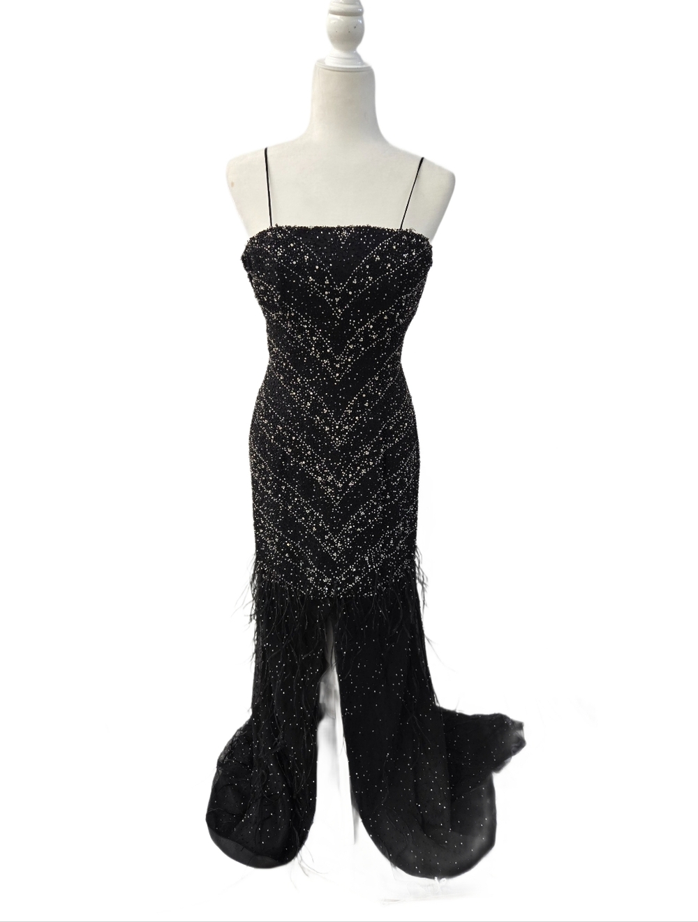 Vintage Studio 17 Silk Beaded & Feather Black Evening Prom Dress